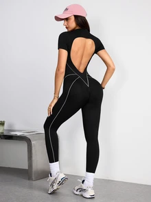 SHEIN Sports Women's Colorblock Flare Leg Casual Daily Wear Sports Jumpsuit - Black - View 6