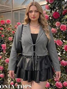 SHEIN MOD Jaket Blazer Pendek Abu-abu Ukuran Besar, Musim Gugur/Dingin, Elegan untuk Perjalanan Sehari-hari, Gaya Preppy Kasual, Desain Pita. - Grey - View 1