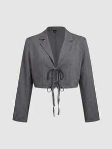 SHEIN MOD Jaket Blazer Pendek Abu-abu Ukuran Besar, Musim Gugur/Dingin, Elegan untuk Perjalanan Sehari-hari, Gaya Preppy Kasual, Desain Pita. - Grey - View 9