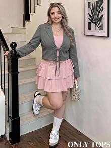 SHEIN MOD Jaket Blazer Pendek Abu-abu Ukuran Besar, Musim Gugur/Dingin, Elegan untuk Perjalanan Sehari-hari, Gaya Preppy Kasual, Desain Pita. - Grey - View 3