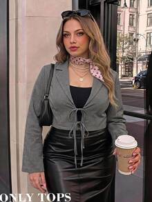 SHEIN MOD Jaket Blazer Pendek Abu-abu Ukuran Besar, Musim Gugur/Dingin, Elegan untuk Perjalanan Sehari-hari, Gaya Preppy Kasual, Desain Pita. - Grey - View 12