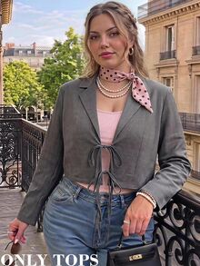SHEIN MOD Jaket Blazer Pendek Abu-abu Ukuran Besar, Musim Gugur/Dingin, Elegan untuk Perjalanan Sehari-hari, Gaya Preppy Kasual, Desain Pita. - Grey - View 11