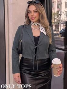 SHEIN MOD Jaket Blazer Pendek Abu-abu Ukuran Besar, Musim Gugur/Dingin, Elegan untuk Perjalanan Sehari-hari, Gaya Preppy Kasual, Desain Pita. - Grey - View 6