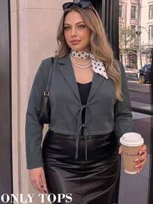 SHEIN MOD Jaket Blazer Pendek Abu-abu Ukuran Besar, Musim Gugur/Dingin, Elegan untuk Perjalanan Sehari-hari, Gaya Preppy Kasual, Desain Pita. - Grey - View 7