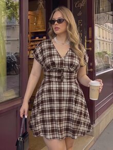 SHEIN MOD Plus Size Brown Lace Long Umbrella Skirt, Elegant Outfit, Commute Wear, Elegant Party, Holiday Gathering - Brown - View 13