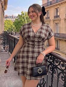 SHEIN MOD Plus Size Brown Lace Long Umbrella Skirt, Elegant Outfit, Commute Wear, Elegant Party, Holiday Gathering - Brown - View 12
