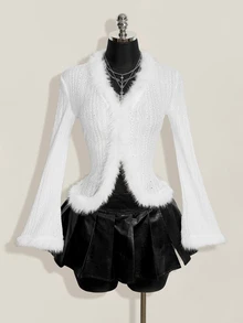 SHEIN ICON 女款復古波希米亞性感Y2K針織提花拼接毛領棕色T恤 - 白色 - 查看 3