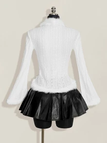 SHEIN ICON 女款復古波希米亞性感Y2K針織提花拼接毛領棕色T恤 - 白色 - 查看 2