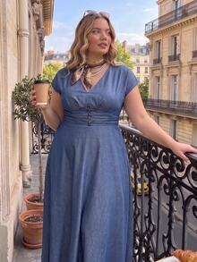 SHEIN MOD Plus Size Women's V-Neck Cap Sleeve Apricot Dress Elegant - Blue - View 2