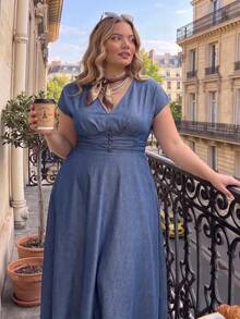 SHEIN MOD Plus Size Women's V-Neck Cap Sleeve Apricot Dress Elegant - Blue - View 8