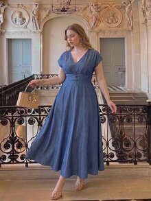 SHEIN MOD Plus Size Women's V-Neck Cap Sleeve Apricot Dress Elegant - Blue - View 4