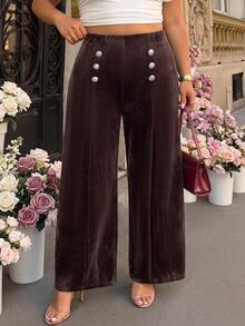 SHEIN MOD Plus Size Autumn/Winter Vintage High Waist Brown Velvet Wide Leg Pants, Elegant Commute Outfit, Retro Party Outfit - Brown - View 4