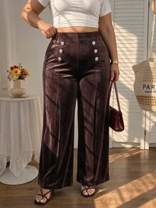 SHEIN MOD Plus Size Autumn/Winter Vintage High Waist Brown Velvet Wide Leg Pants, Elegant Commute Outfit, Retro Party Outfit - Brown - View 3