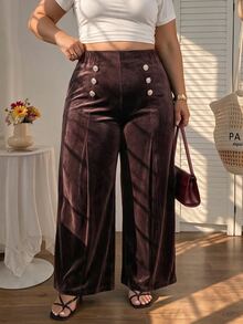 SHEIN MOD Plus Size Autumn/Winter Vintage High Waist Brown Velvet Wide Leg Pants, Elegant Commute Outfit, Retro Party Outfit - Brown - View 7