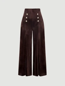 SHEIN MOD Plus Size Autumn/Winter Vintage High Waist Brown Velvet Wide Leg Pants, Elegant Commute Outfit, Retro Party Outfit - Brown - View 6