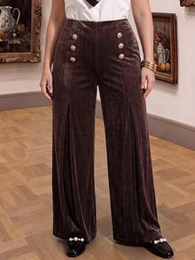 SHEIN MOD Plus Size Autumn/Winter Vintage High Waist Brown Velvet Wide Leg Pants, Elegant Commute Outfit, Retro Party Outfit - Brown - View 1