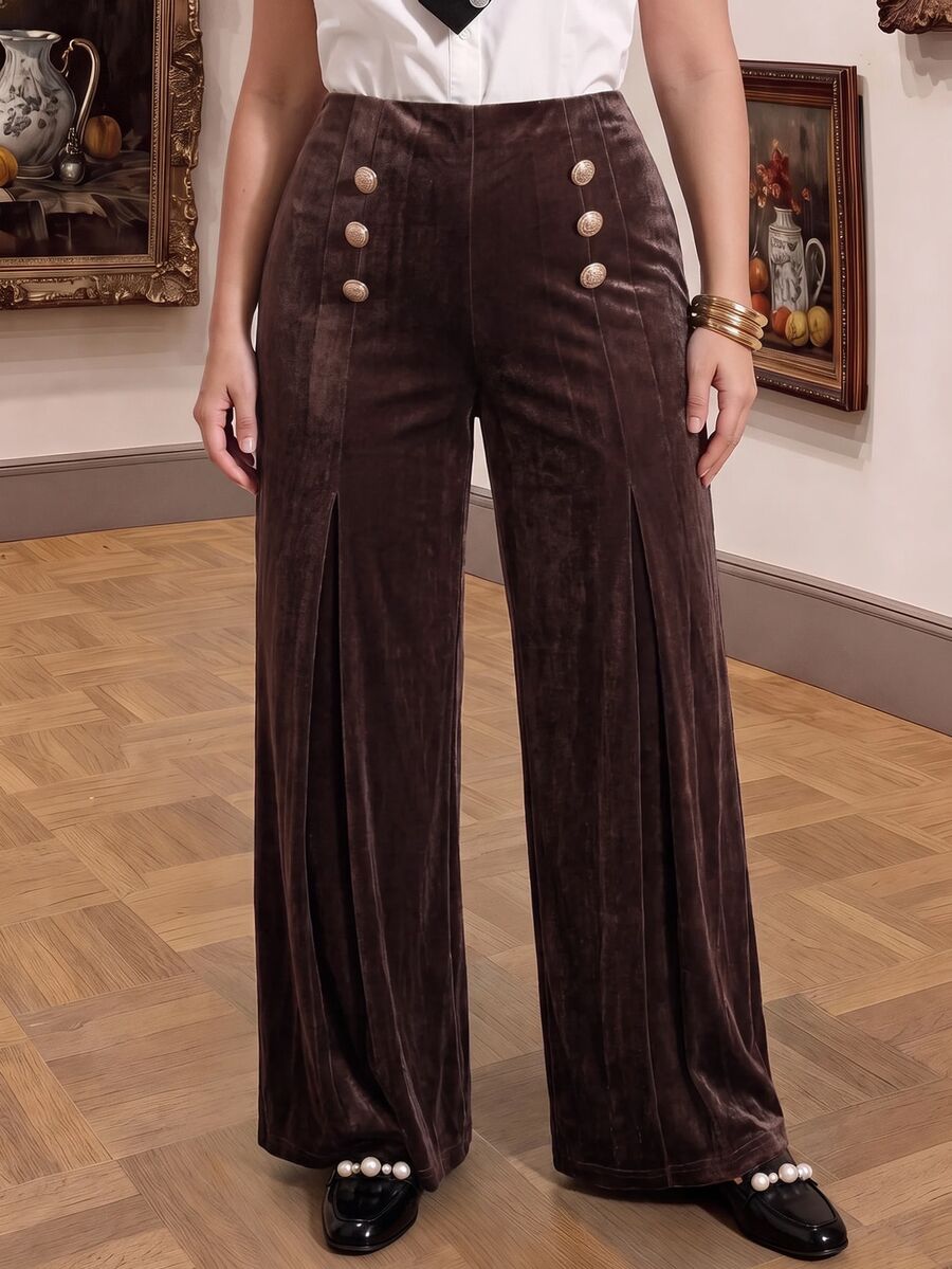 SHEIN MOD Plus Size Autumn/Winter Vintage High Waist Brown Velvet Wide Leg Pants, Elegant Commute Outfit, Retro Party Outfit - Brown - View 1