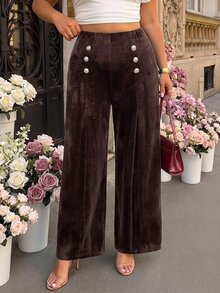 SHEIN MOD Plus Size Autumn/Winter Vintage High Waist Brown Velvet Wide Leg Pants, Elegant Commute Outfit, Retro Party Outfit - Brown - View 2