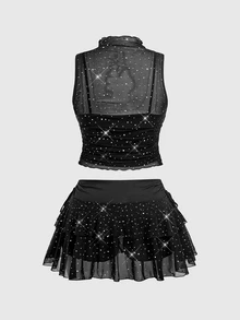 SHEIN MOD Setelan 2 Potong Atasan Tank Top Payet Hitam dan Rok Panjang Ukuran Plus, Pakaian Pesta Musim Gugur/Dingin, Pakaian Sepanjang Musim Semi/Panas, Tampilan Liburan & Kencan Malam - Hitam - View 2