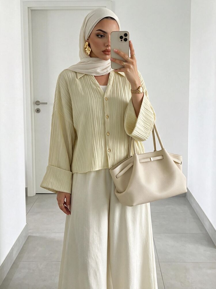 Solavon Plus Size Women Solid Color Casual Versatile Daily Wear Shirt - Pale Yellow - View 1