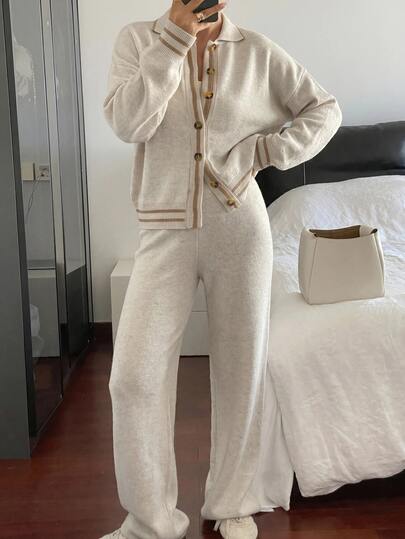 SHEIN Women's Khaki Grey Two Pieces Loungewear Set With Cardigan Button-Up Everyday Travel Autumn Winter Casual Minimalist