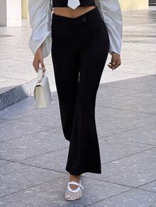 Sindi Myftari High Waist Flare Leg Black Toothpick Pleats Pants - Black - View 4