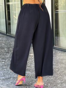 Sindi Myftari Ladies Relaxed Wide Leg Pants With Textured Elastic Waistband, Long Length,Fall Clothes - Black - View 2