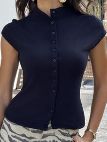 Sindi Myftari Women's Elegant Black Mock Neck Capped Sleeve Single-Breasted Top,Solid Color Button Up Jersey Shirt Fleece Sweater For Date,Summer Fall Clothes Fall - Black - View 4