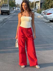 Sindi Myftari Drawstring Waist Nylon Contrast Panel Wide Leg Tracksuit Bottoms Only Airport Casual The Book Shop Fall Autumn Summer - Burgundy - View 3