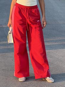Sindi Myftari Drawstring Waist Nylon Contrast Panel Wide Leg Tracksuit Bottoms Only Airport Casual The Book Shop Fall Autumn Summer - Burgundy - View 4