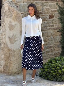 Sindi Myftari Women's Polka Dot Printed Waist Button Design Elegant Skirt - Navy Blue - View 1