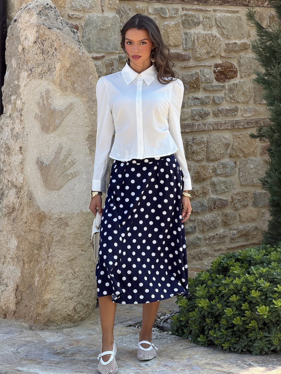 Sindi Myftari Women's Polka Dot Printed Waist Button Design Elegant Skirt - Navy Blue - View 1