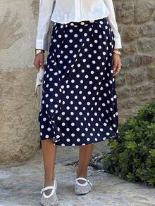 Sindi Myftari Women's Polka Dot Printed Waist Button Design Elegant Skirt - Navy Blue - View 4