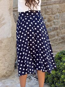 Sindi Myftari Women's Polka Dot Printed Waist Button Design Elegant Skirt - Navy Blue - View 2
