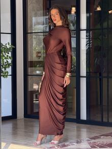 Sindi Myftari Sexy Elegant Kink Decorative Buckle Side Stacked Pleated Fake Two-Piece Party Dress - Coffee - View 4