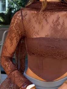 Sindi Myftari Dark Brown Autumn Seductive Date Women's Lace Patchwork Strapless Blouse,Long Flared Ruffle Sleeve,Front Fish Bone Line Divider,Halter Long Tie - Brown - View 4