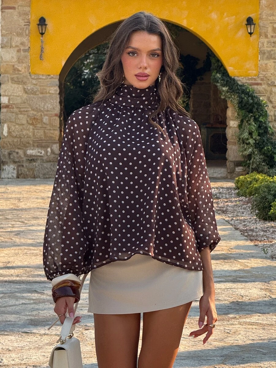 Sindi Myftari Stand Collar Long Sleeve Shirt With Bow Tie Cuff, Polka Dot Lining - Brown - View 1