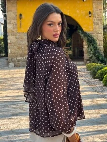 Sindi Myftari Stand Collar Long Sleeve Shirt With Bow Tie Cuff, Polka Dot Lining - Brown - View 2