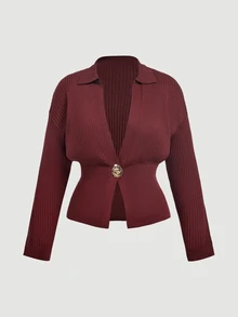 SHEIN MOD Cardigan Rajut Kasual Lengan Panjang Kancing Logam Tunggal untuk Wanita Ukuran Besar - Coklat - View 8