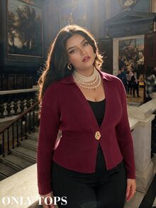 SHEIN MOD Cardigan Rajut Kasual Lengan Panjang Kancing Logam Tunggal untuk Wanita Ukuran Besar - Coklat - View 3