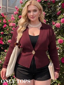 SHEIN MOD Cardigan Rajut Kasual Lengan Panjang Kancing Logam Tunggal untuk Wanita Ukuran Besar - Coklat - View 2