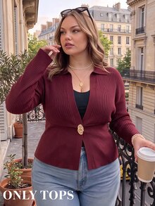 SHEIN MOD Cardigan Rajut Kasual Lengan Panjang Kancing Logam Tunggal untuk Wanita Ukuran Besar - Coklat - View 4