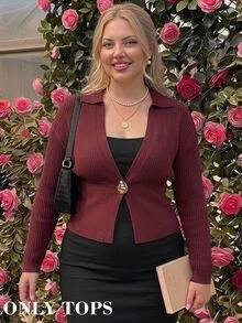 SHEIN MOD Cardigan Rajut Kasual Lengan Panjang Kancing Logam Tunggal untuk Wanita Ukuran Besar - Coklat - View 14