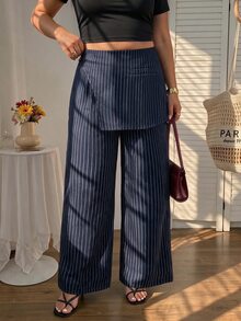 SHEIN MOD Plus Size Autumn/Winter Blue Striped 2 In 1 Elegant Straight Leg Pants, Casual Commute Outfit Fall - Navy Blue - View 2