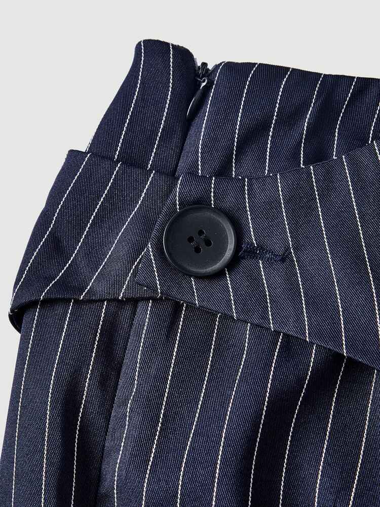 SHEIN MOD Plus Size Autumn/Winter Blue Striped 2 In 1 Elegant Straight Leg Pants, Casual Commute Outfit Fall - Navy Blue - View 6