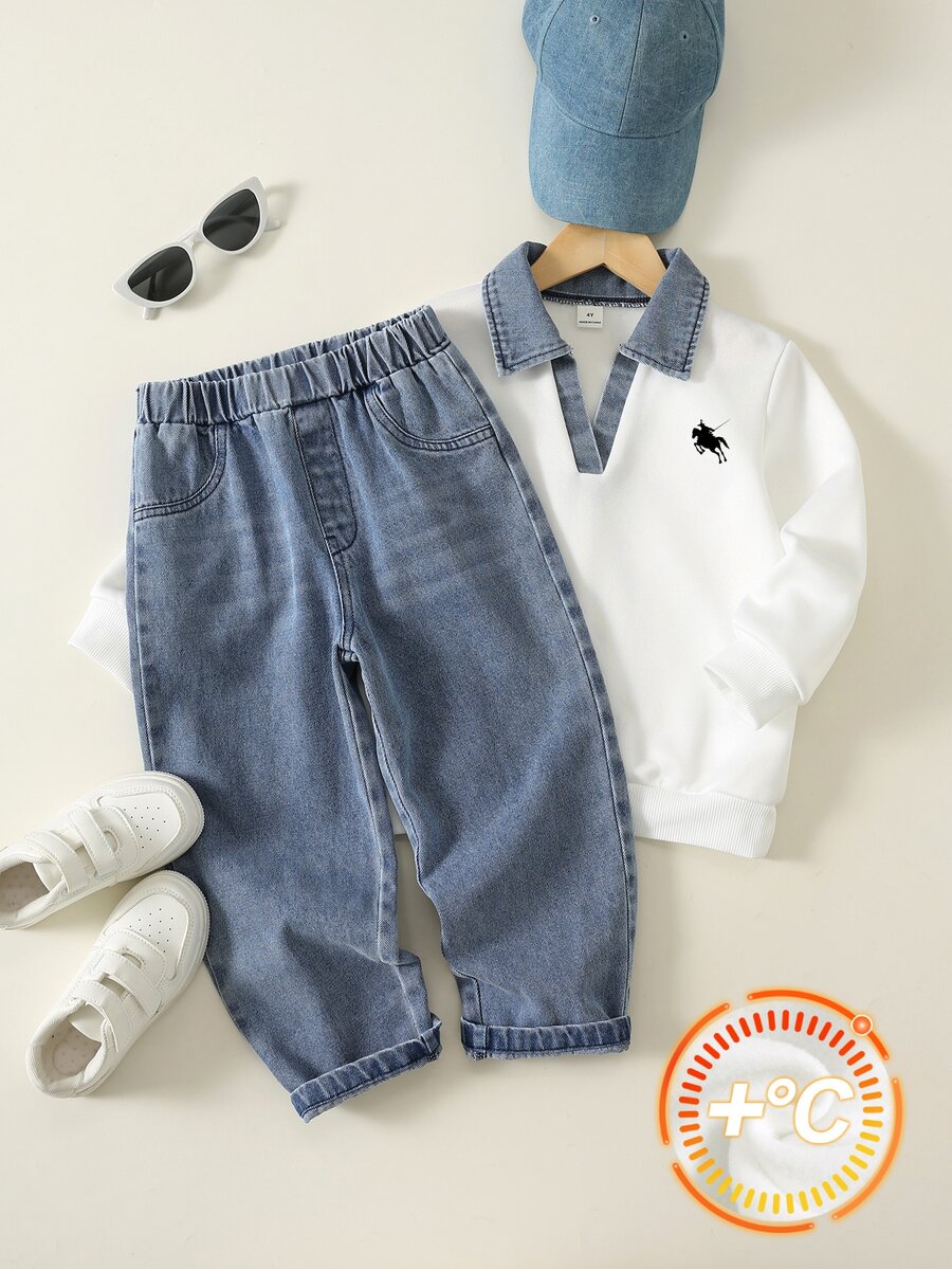 SHEIN 2pcs Young Boy Autumn/Winter Casual Polo Sweatshirt And Denim Jeans Set - Multicolor - View 1