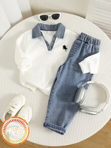 SHEIN 2pcs Young Boy Autumn/Winter Casual Polo Sweatshirt And Denim Jeans Set - Multicolor - View 4