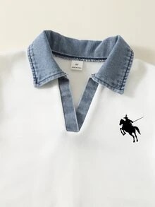 SHEIN 2pcs Young Boy Autumn/Winter Casual Polo Sweatshirt And Denim Jeans Set - Multicolor - View 5
