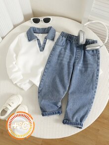 SHEIN 2pcs Young Boy Autumn/Winter Casual Polo Sweatshirt And Denim Jeans Set - Multicolor - View 3