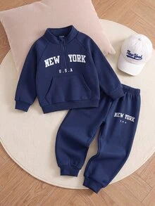 Playful Pals 2pcs Toddler Boy Sweatshirt Joggers Preppy Navy Blue Lettering Print Half Zip Long Sleeve Mock Neck Regular Outdoor Fall Halloween Christmas Athletic - Navy Blue - View 6